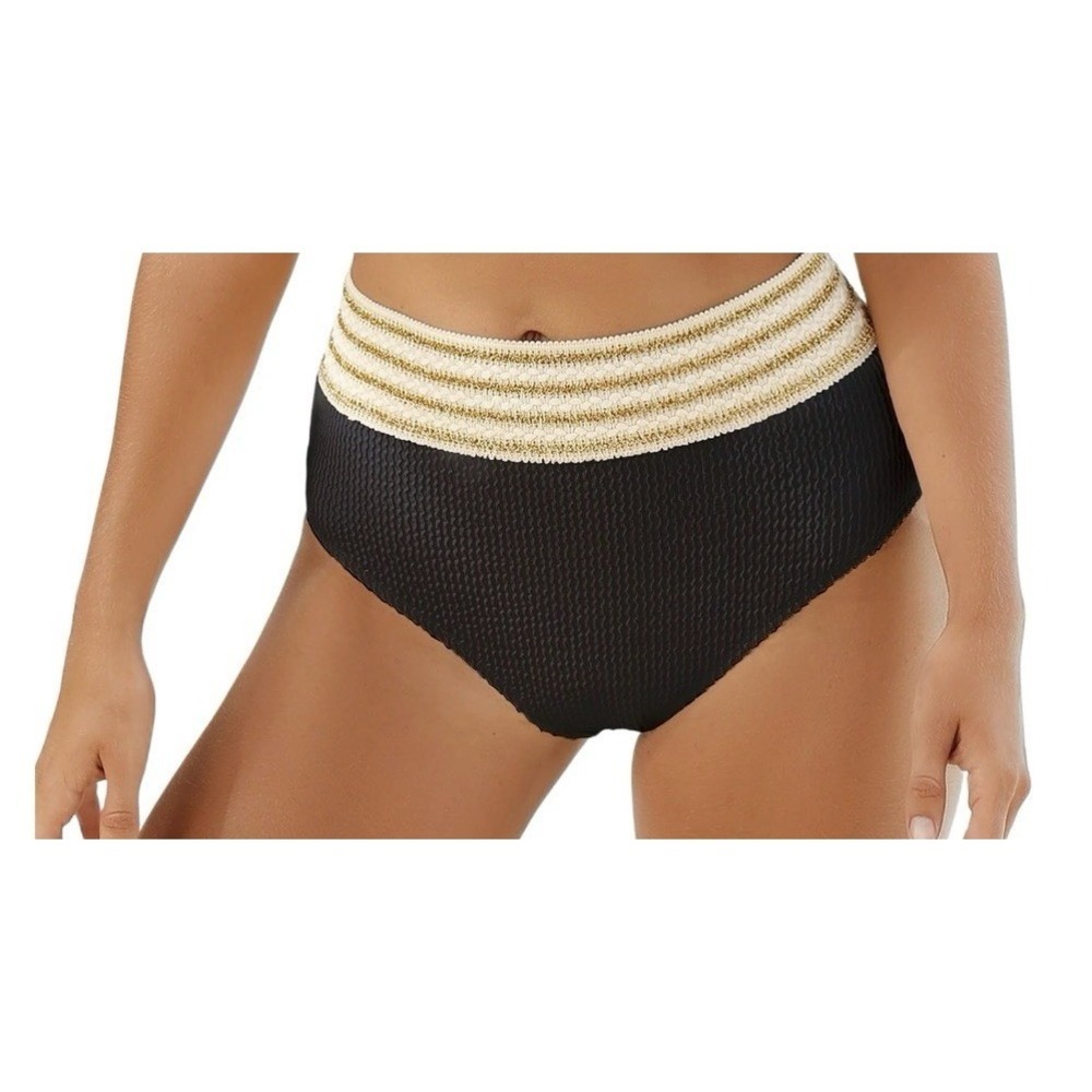 Cupshe Black Textured Bikini Bottom Sz M High Waist Cut Gold Metallic Trim Swim